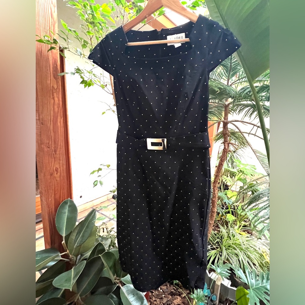 Joseph Ribkoff Black Midi Dress with Belt and Gold Polka Dots